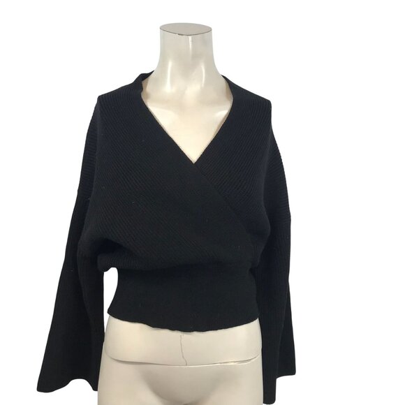 GRAIL GRL - WOMEN'S F - BLACK LONG SLEEVE WRAP V NECK PULL-OVER SWEATER - Picture 1 of 5